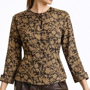 Jones New York Blouse Floral Patterned French Cuffs Flatter Fitted Gold Brown 8